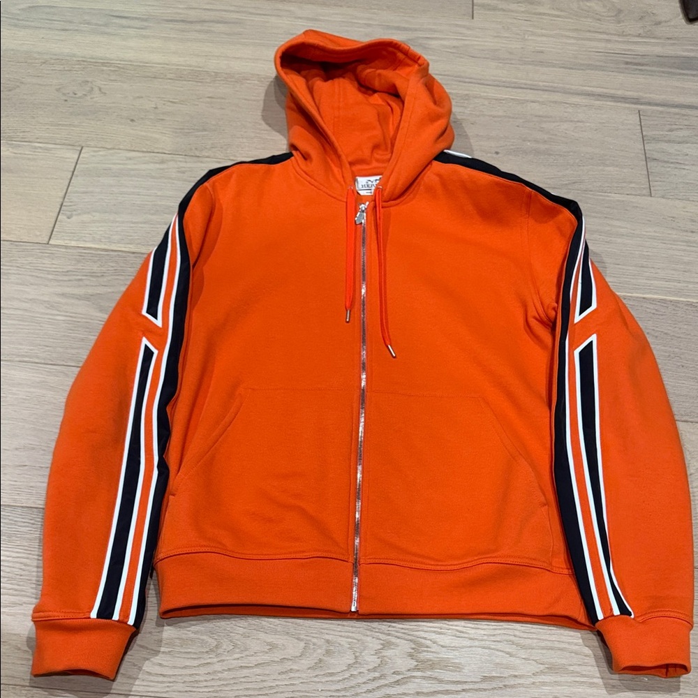 Hermes Orange Zip-Up Men's Sweater with Striped Sleeves